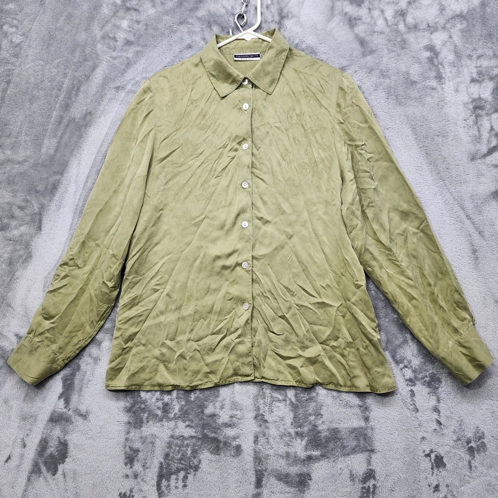 Vintage Amanda Smith Top Womens L Green Silk Leaf Print Button Down Long Sleeve‎